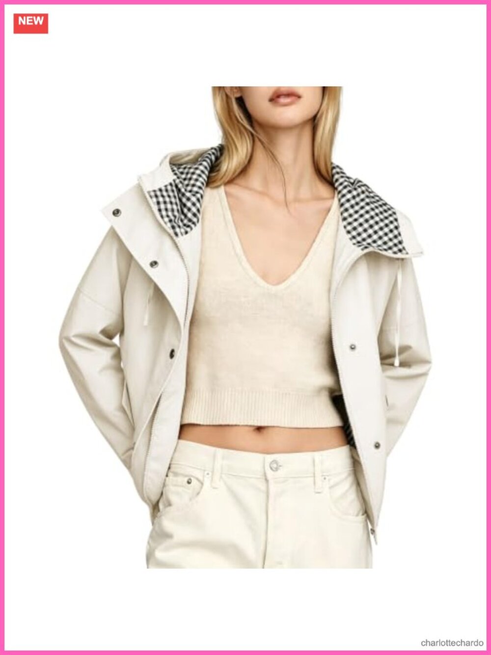 Women Oversize Trench Coat Plaid Lining Hooded Zip Up Windbreaker